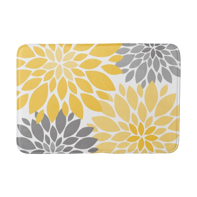Yellow and Grey Chrysanthemums Floral Pattern Bath Mat (Front)