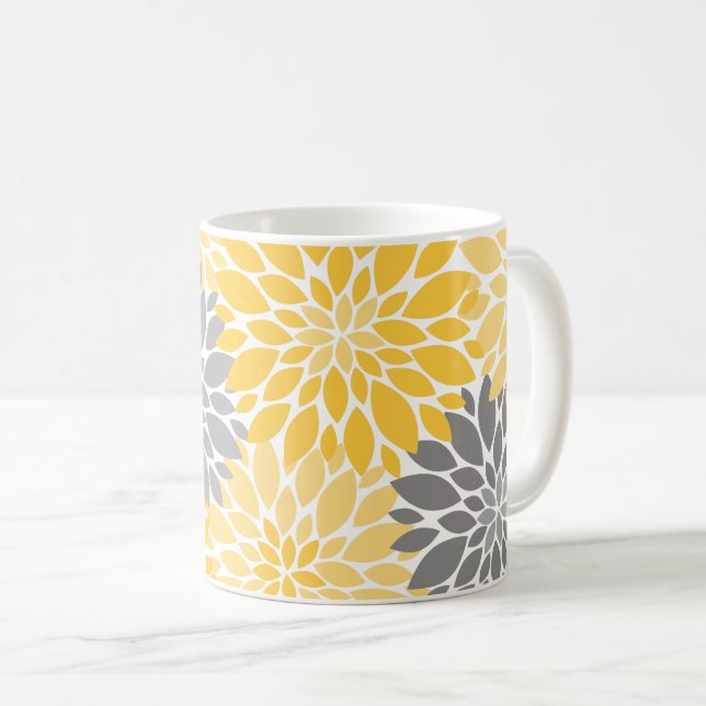 Yellow and Grey Chrysanthemums Floral Pattern Coffee Mug (Front Right)