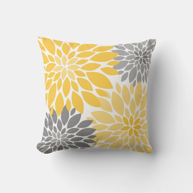 Yellow and Grey Chrysanthemums Floral Pattern Cushion (Front)