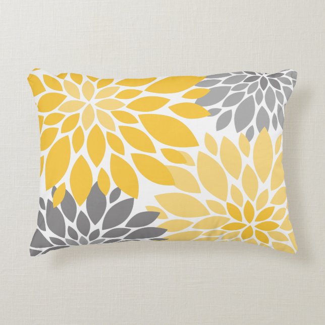 Yellow and Grey Chrysanthemums Floral Pattern Decorative Cushion (Front)