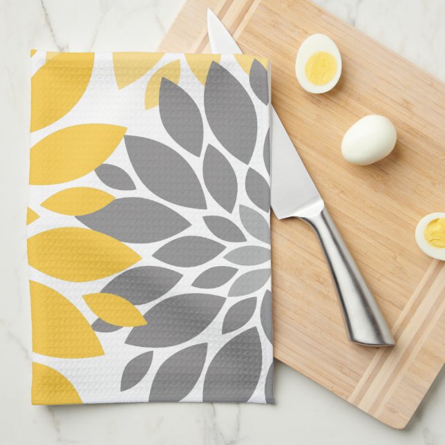 Yellow and Grey Chrysanthemums Floral Pattern Tea Towel (Quarter Fold)