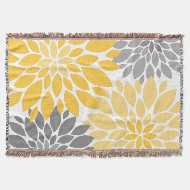 Yellow and Grey Chrysanthemums Floral Pattern Throw Blanket (Front)