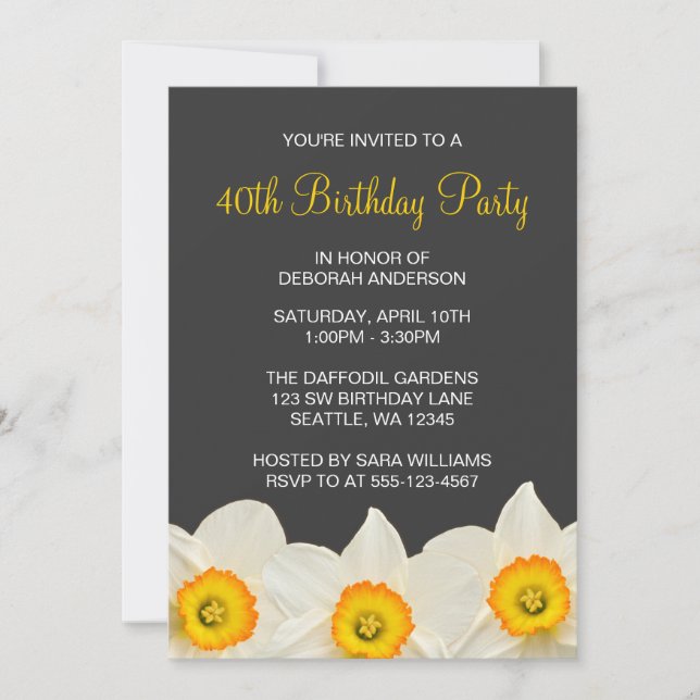 Yellow and Grey Daffodil Flowers Birthday Party Invitation (Front)