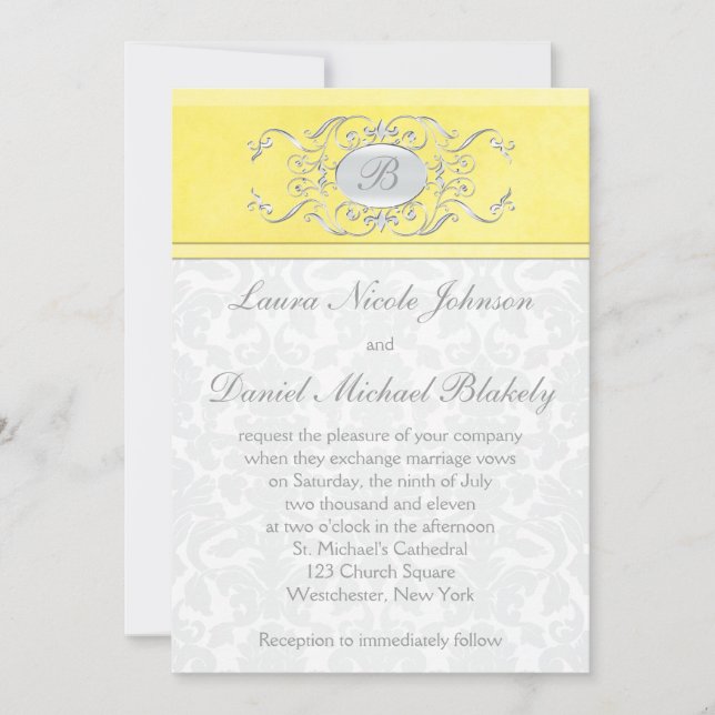 Yellow and Grey Damask Monogrammed Invitation (Front)