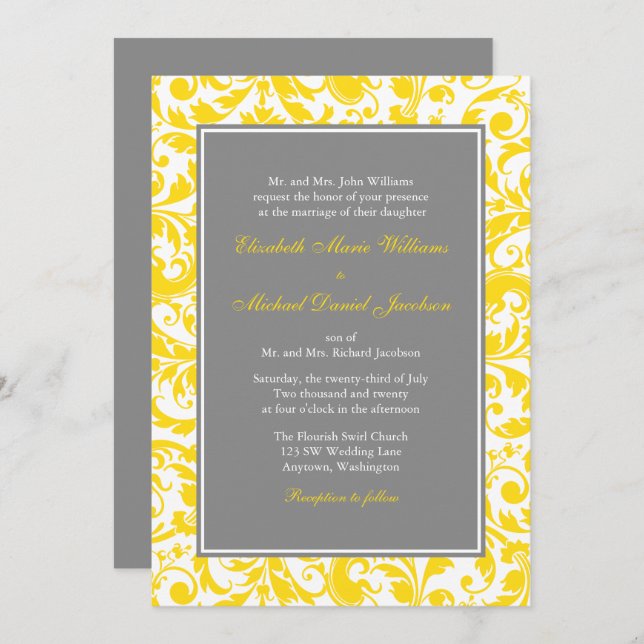 Yellow and Grey Damask Swirls Wedding Invitations (Front/Back)
