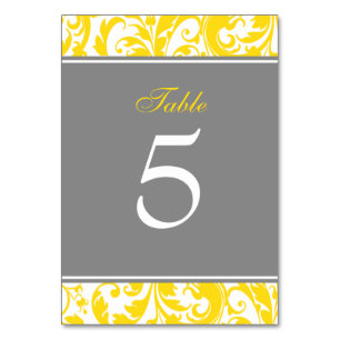 Yellow and Grey Damask Swirls Wedding Table Number