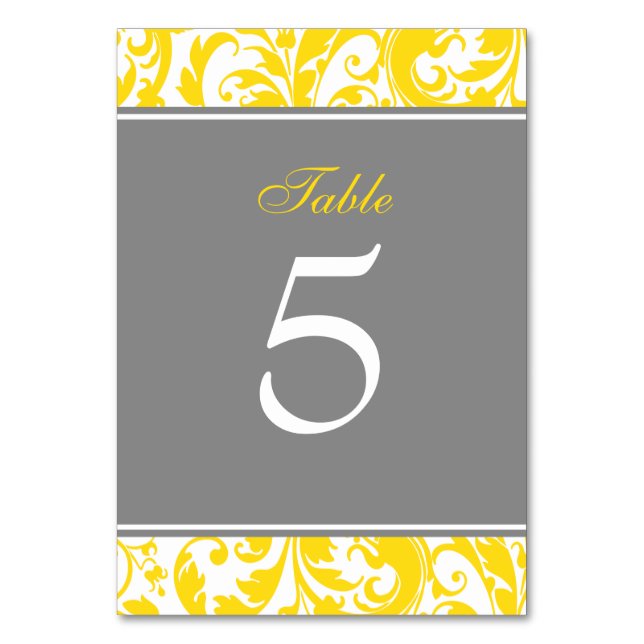 Yellow and Grey Damask Swirls Wedding Table Number (Front)