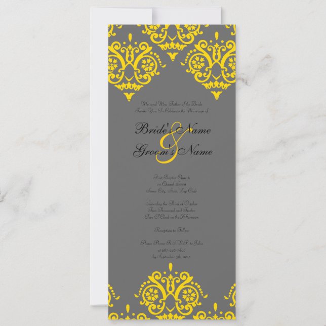 Yellow and Grey Damask Wedding Invitation (Front)