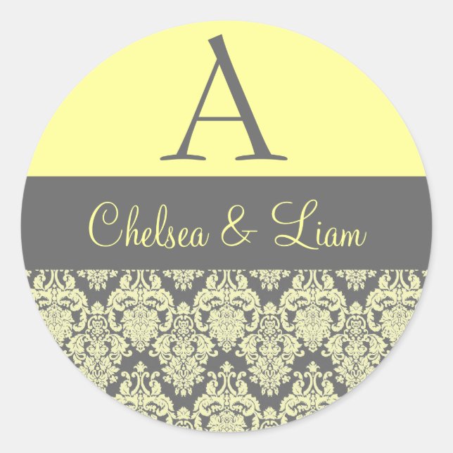 Yellow and Grey Damask Wedding Monogram V2 Classic Round Sticker (Front)