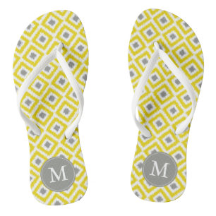 Yellow and Grey Diamonds Ikat Pattern Personalised Thongs