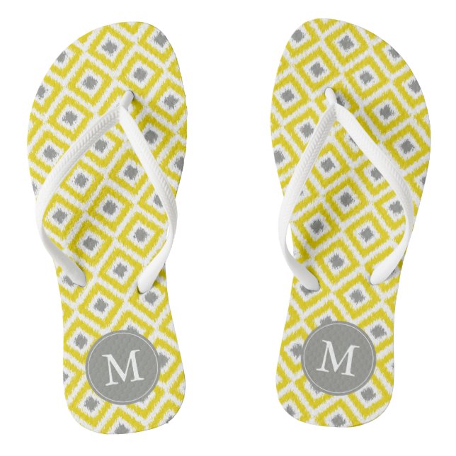 Yellow and Grey Diamonds Ikat Pattern Personalised Thongs (Footbed)
