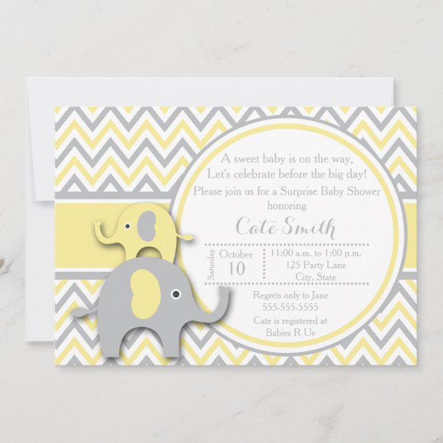 Yellow and Grey Elephant Baby Shower Invitation (Front)