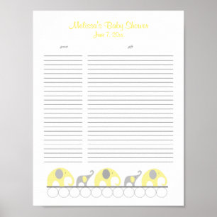 Yellow and Grey Elephants Baby Shower Gift List Poster