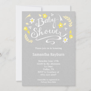 Yellow and Grey Floral Baby Shower Invitation