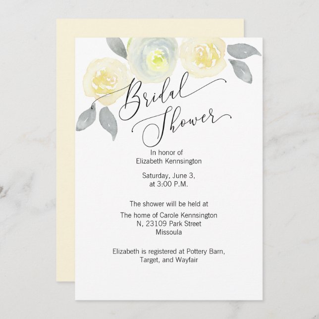Yellow and Grey Floral Bridal Shower Invitation (Front/Back)