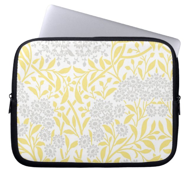 Yellow and Grey Floral Damask Pattern Laptop Sleeve (Front)