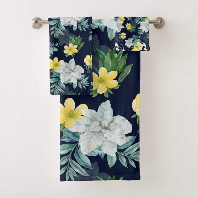 Yellow and Grey Floral Pattern Bath Towel Set (Insitu)