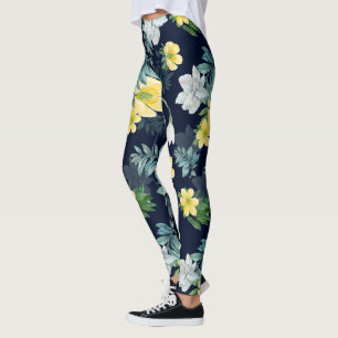 Yellow and Grey Floral Pattern Leggings
