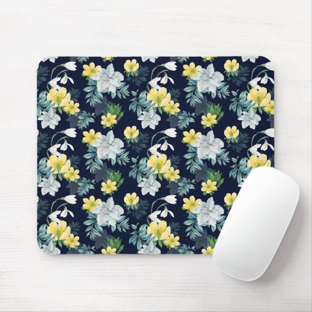 Yellow and Grey Floral Pattern Mouse Pad (With Mouse)