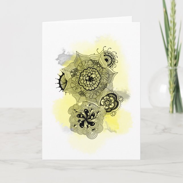 Yellow and Grey Flower Doodles Greeting Card (Front)