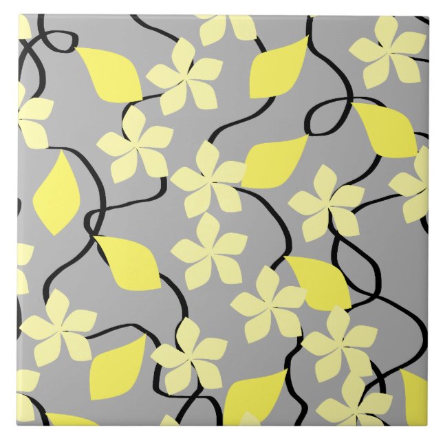 Yellow and Grey Flowers. Floral Pattern. Ceramic Tile (Front)