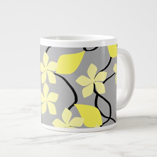 Yellow and Grey Flowers. Floral Pattern. Large Coffee Mug (Front Right)