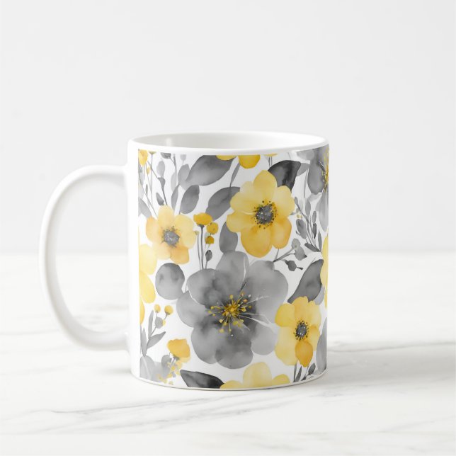 Yellow And Grey Flowers In Watercolors Coffee Mug (Left)