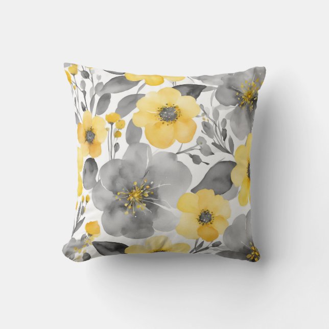 Yellow And Grey Flowers In Watercolors Cushion (Front)