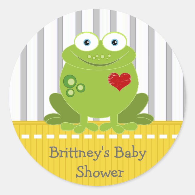 Yellow and Grey Frog Baby Shower Sticker (Front)