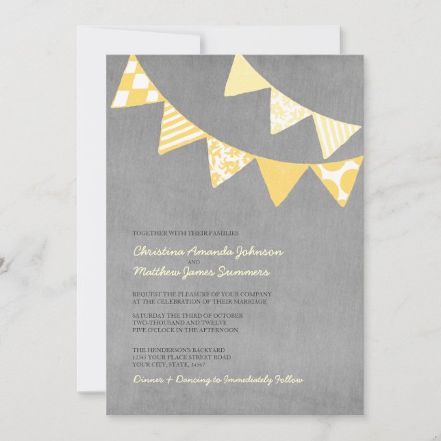 Yellow and Grey Fun Flags Wedding Invitations (Front)
