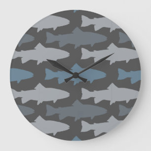 Yellow and Grey Fun Trout Fish Pattern Large Clock