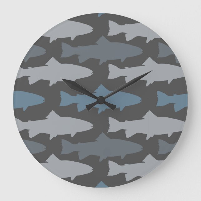Yellow and Grey Fun Trout Fish Pattern Large Clock (Front)