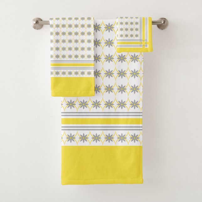 Yellow and Grey Geometric Flowers on White Bath Towel Set (Insitu)