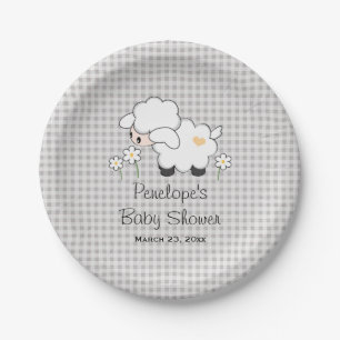 Yellow and Grey Gingham Lamb Baby Shower Paper Plate