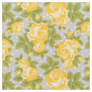 Yellow and Grey Girly Vintage Roses Floral Print Fabric