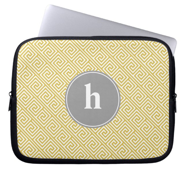 Yellow and Grey Greek Key Pattern Monogram Laptop Sleeve (Front)