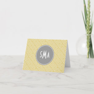 Yellow and Grey Greek Key Pattern Monogram Note Card