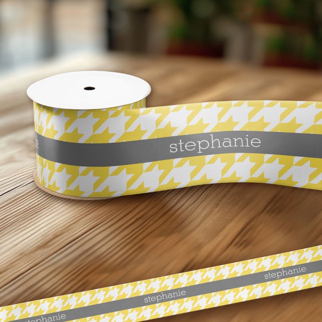 Yellow and Grey Houndstooth Pattern Custom Name Satin Ribbon (Custom Ribbon - Add Your Own Text)