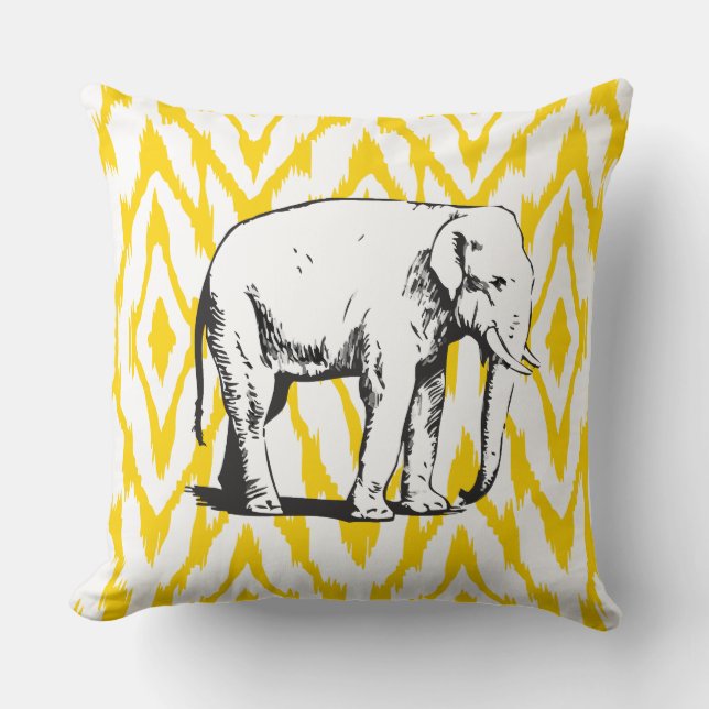 Yellow and grey Ikat White Elephant Pillow (Front)