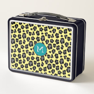 Yellow and Grey Leopard Print Monogram Metal Lunch Box