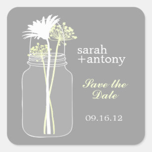 Yellow and Grey Mason Jar and Flowers Wedding Square Sticker