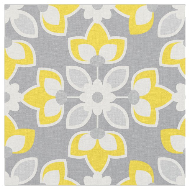 Yellow and Grey Modern Floral Geometric Fabric (Close Up)