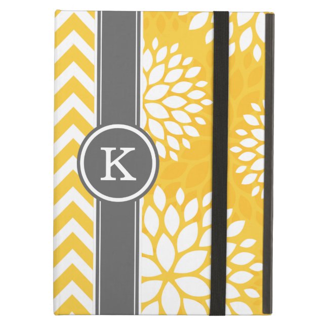 Yellow and Grey Monogram Chevron and Floral Cover For iPad Air (Front Closed)
