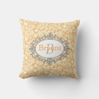 Yellow and Grey Monogram Damask Throw Pillow