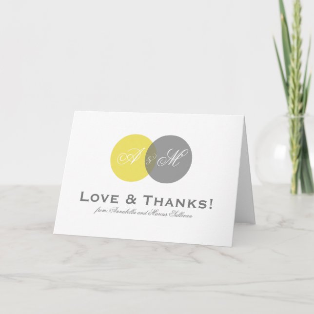 Yellow and Grey  Monograms Wedding Thank You Card (Front)