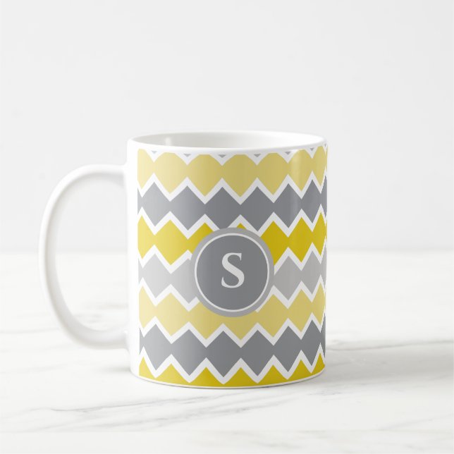 Yellow and Grey Pattern  Monogram Coffee Mug (Left)