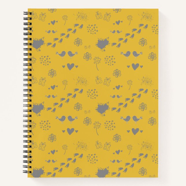 yellow and grey pattern of birds, dots, footsteps, notebook (Front)