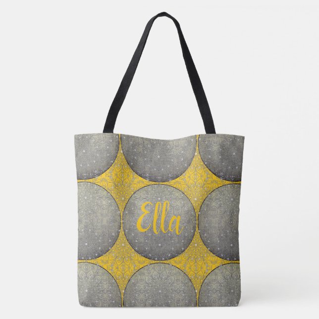 Yellow and Grey Polka Dots Pattern Tote Bag (Back)
