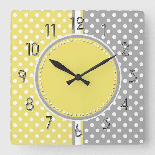 Yellow and Grey Polka Dots Square Clock (Front)