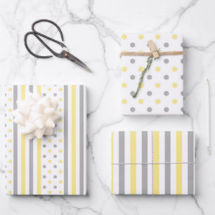 Yellow and grey polka dots & stripes cute bright wrapping paper sheet